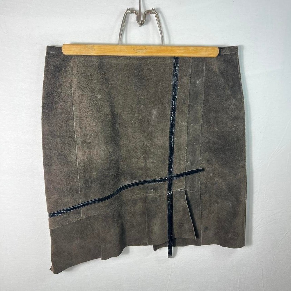 Vintage Suede Leather Mini Skirt Brown Patchwork Croc Trim Womens 14